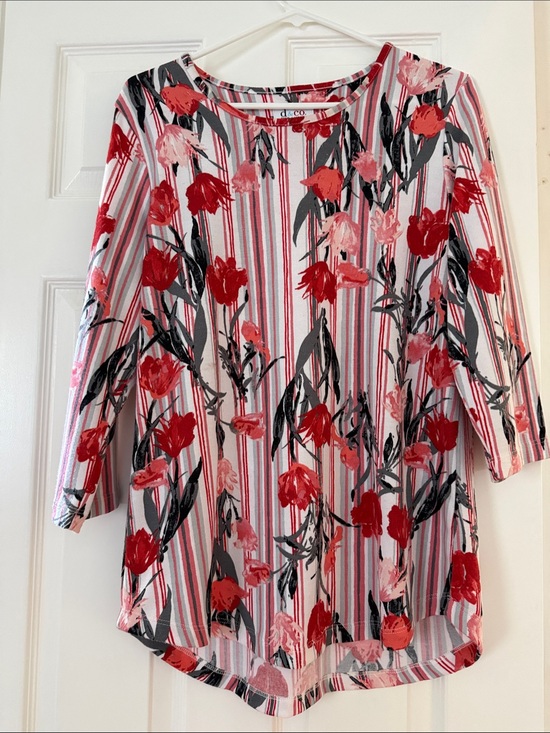 Denim&Co Tops - Denim&Co Red Floral Stripe 3/4 Sleeve Tunic